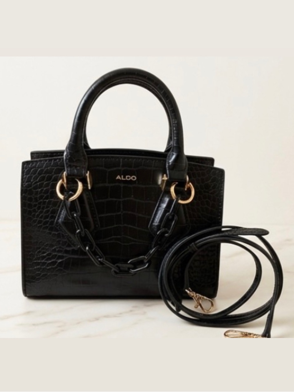 Aldo Elegant Black Croc-Pattern Satchel